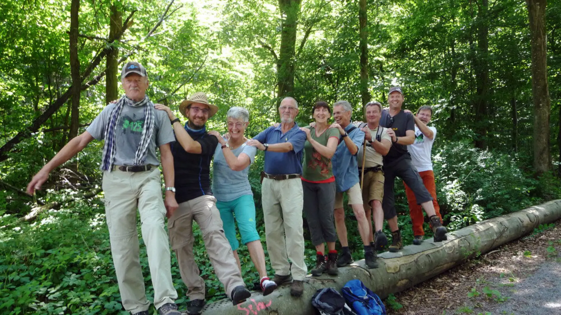 spaßige Wandergruppe posiert lachend auf einem liegenden Baumstamm im Wald | © DAV Heilbronn BZG Öhringen