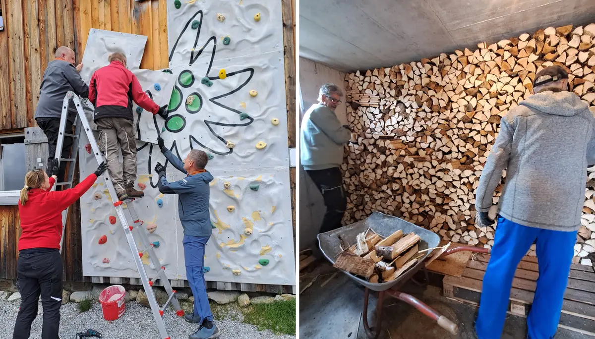 Collage aus 2 Bildern Neue Heilbronner Huette - Kletterwand und Holz stapeln | © DAV Heilbronn