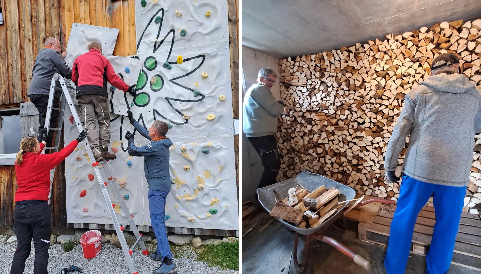 Collage aus 2 Bildern Neue Heilbronner Huette - Kletterwand und Holz stapeln | © DAV Heilbronn