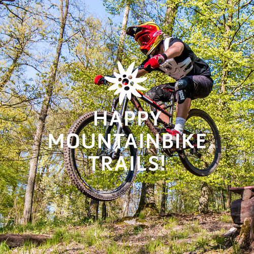 DAV Heilbronn_Mountainbike Trails | © DAV Heilbronn Happy Mountainbike Trails. Weiße Schrift mit weißem Edelweiß auf Bildhintergrund. Mountainbike Fahrer mit Helm springt im Wald von einer Erhöhung. | © DAV Heilbronn