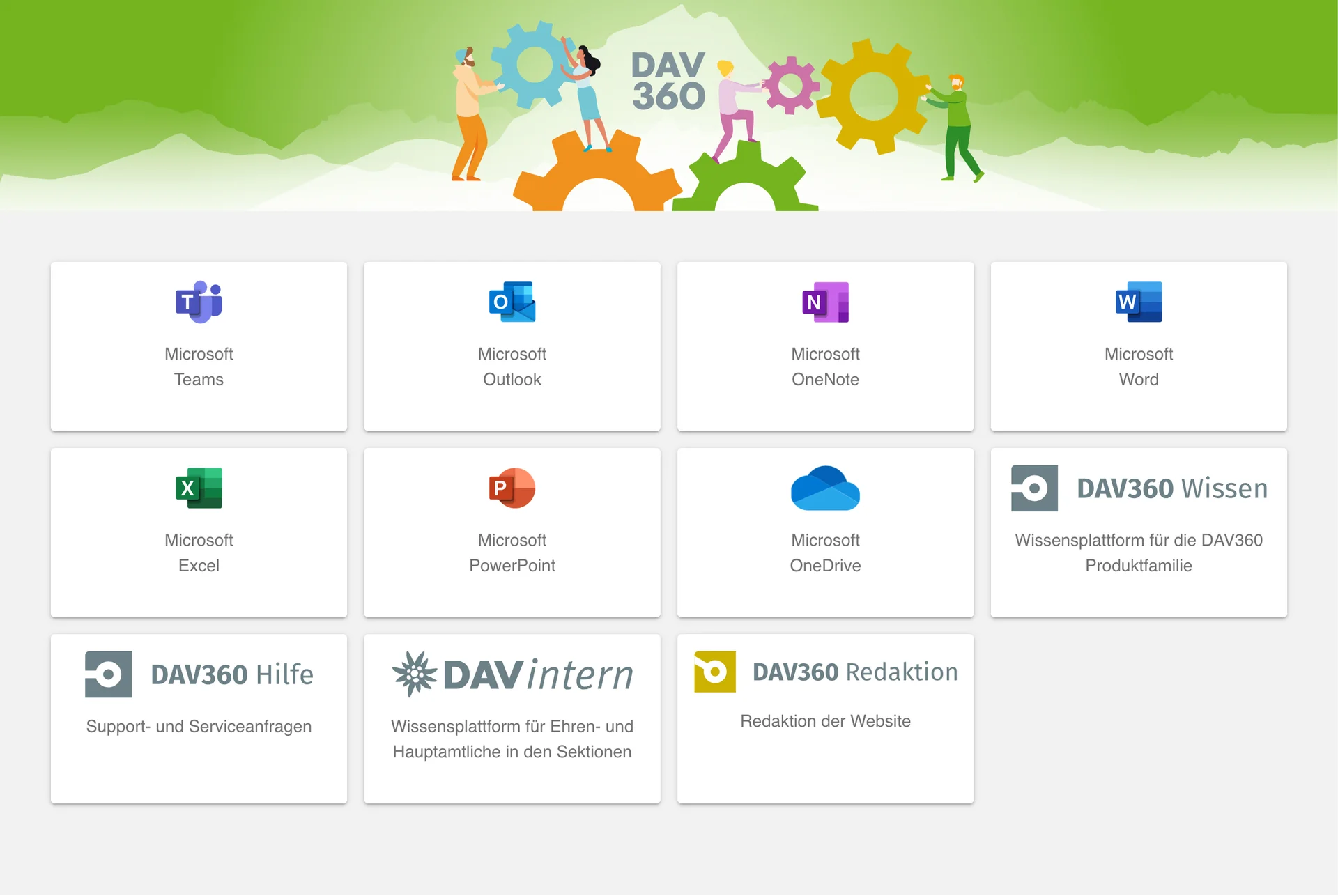 Startseite von DAV360 mit Symbolen für Microsoft-Programme wie Teams, Outlook, Word, Excel sowie internen Plattformen wie DAV360 Wissen, DAVintern und DAV360 Hilfe. | © DAV
