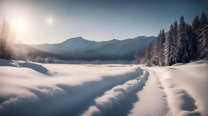 Schneelandschaft mit Bergen im Hintergrund, seitlich jeweils kleine Baumansammlung  | © freepik